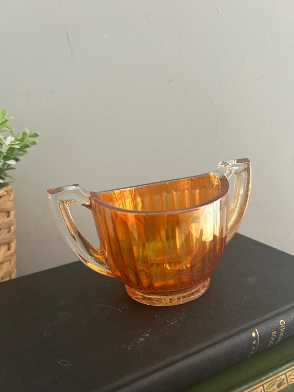 Vintage Imperial Carnival Glass Marigold Amber Ribbed 2-Handled Open Sugar Bowl